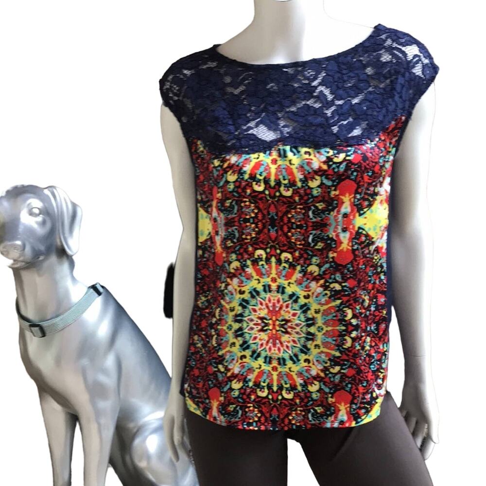 Kut from the Kloth Paisley Lace Multicolor Cap Sleeve Top Women's Size Small